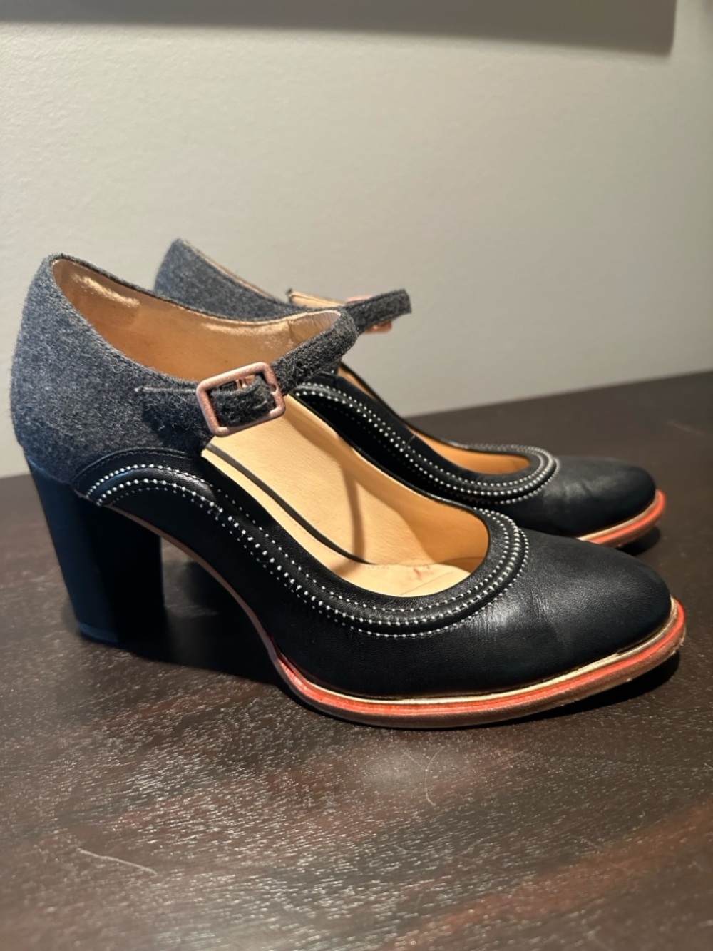 Clarks Black and Gray Mary Jane Block Heel Pumps with Pink Accent - Picture 10 of 12